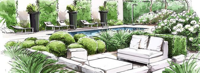 A drawing of a pool and garden with furniture.
