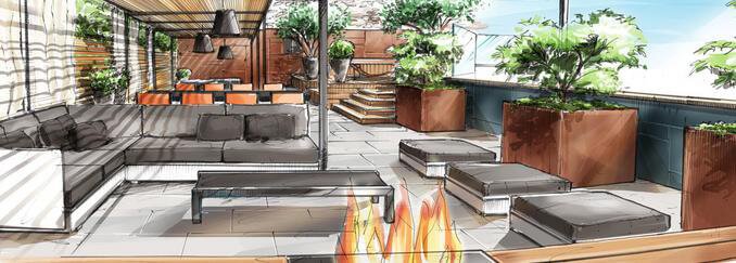A drawing of an outdoor patio with fire pits.